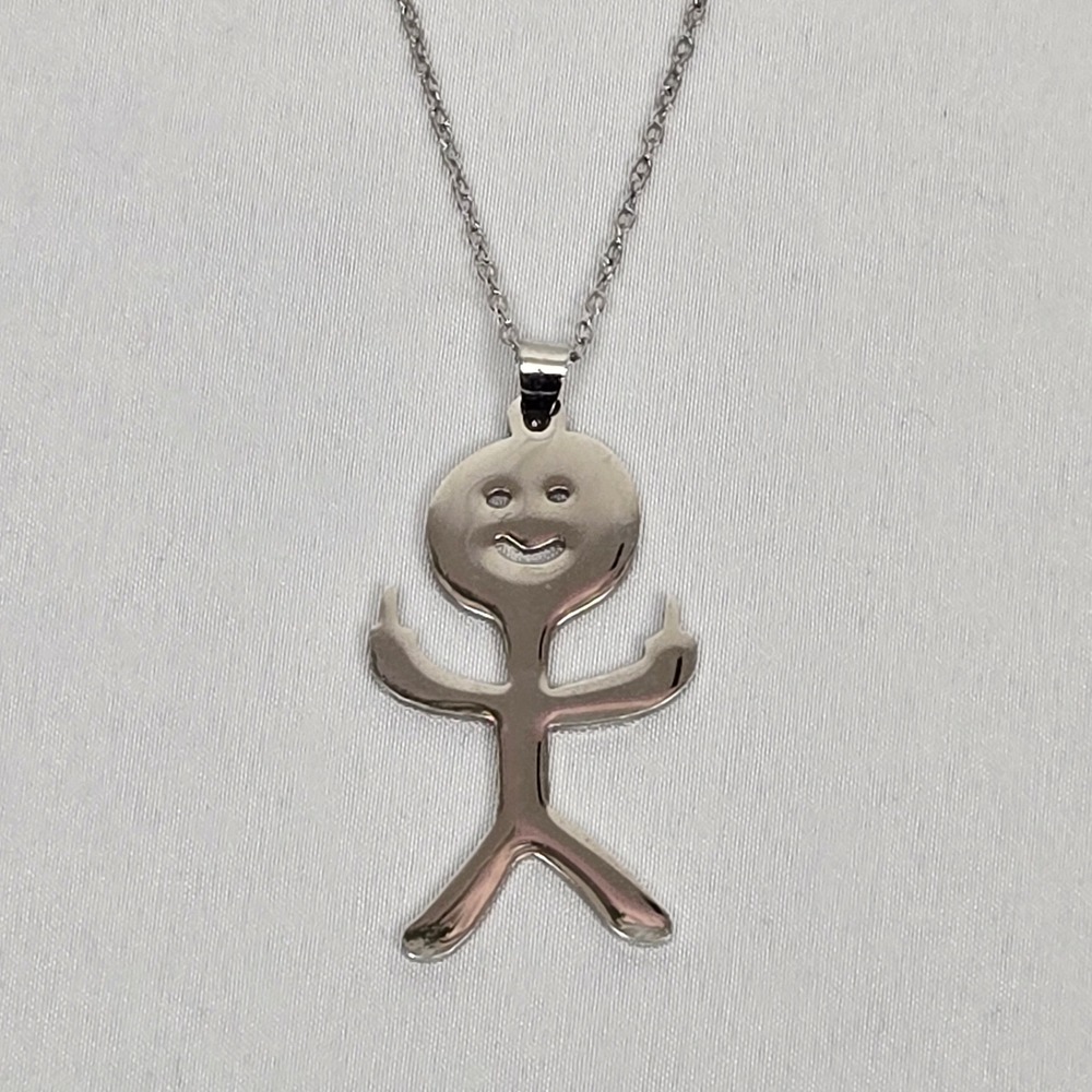Silver Tone Smiling Stick Figure Middle Finger Pendant Necklace Edgy Humor